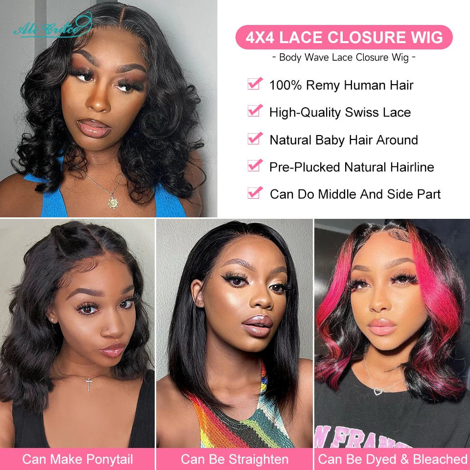 Ali Grace Body Wave Lace Closure Wig Brazilian Hair Bob 4x4 Closure Human Hair Wigs For Women Preplucked Short Bob Lace Wigs