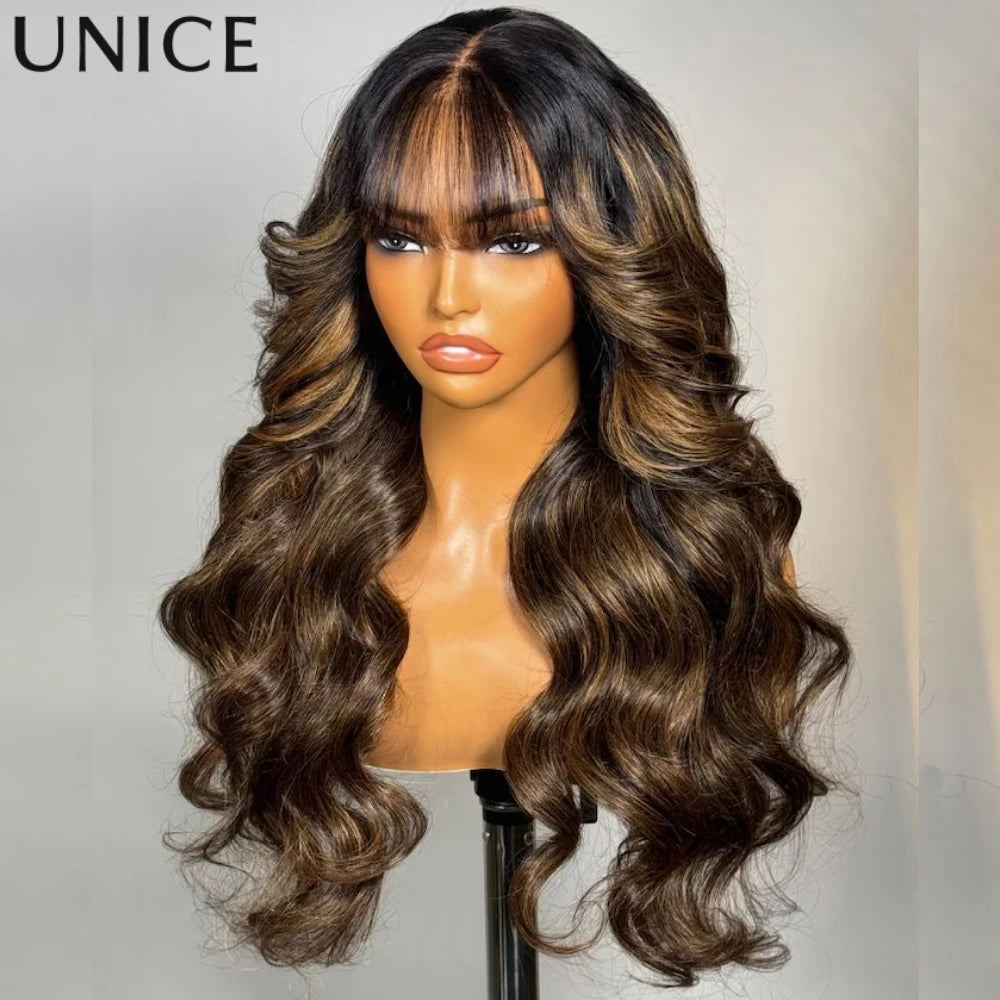 UNICE Hair Balayage Highlights Fluffy Loose Wave Wig With Curtain Bangs 7x5 13x4 Lace Front Human Hair Wigs With Drawstring