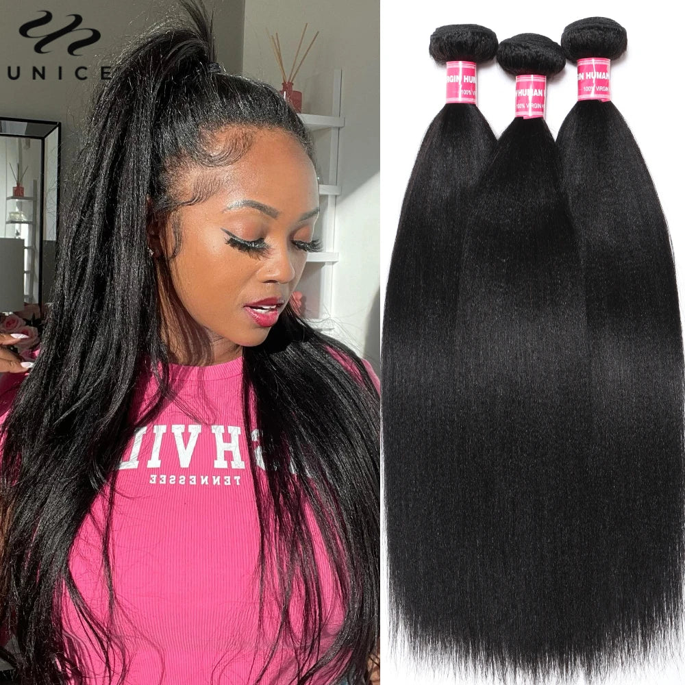 UNICE Hair Yaki Straight Human Hair Bundles With Closure Deal 2/3/4 PCS Bundles Hair And 1PC Free Part 4x4 Inch Lace Closure