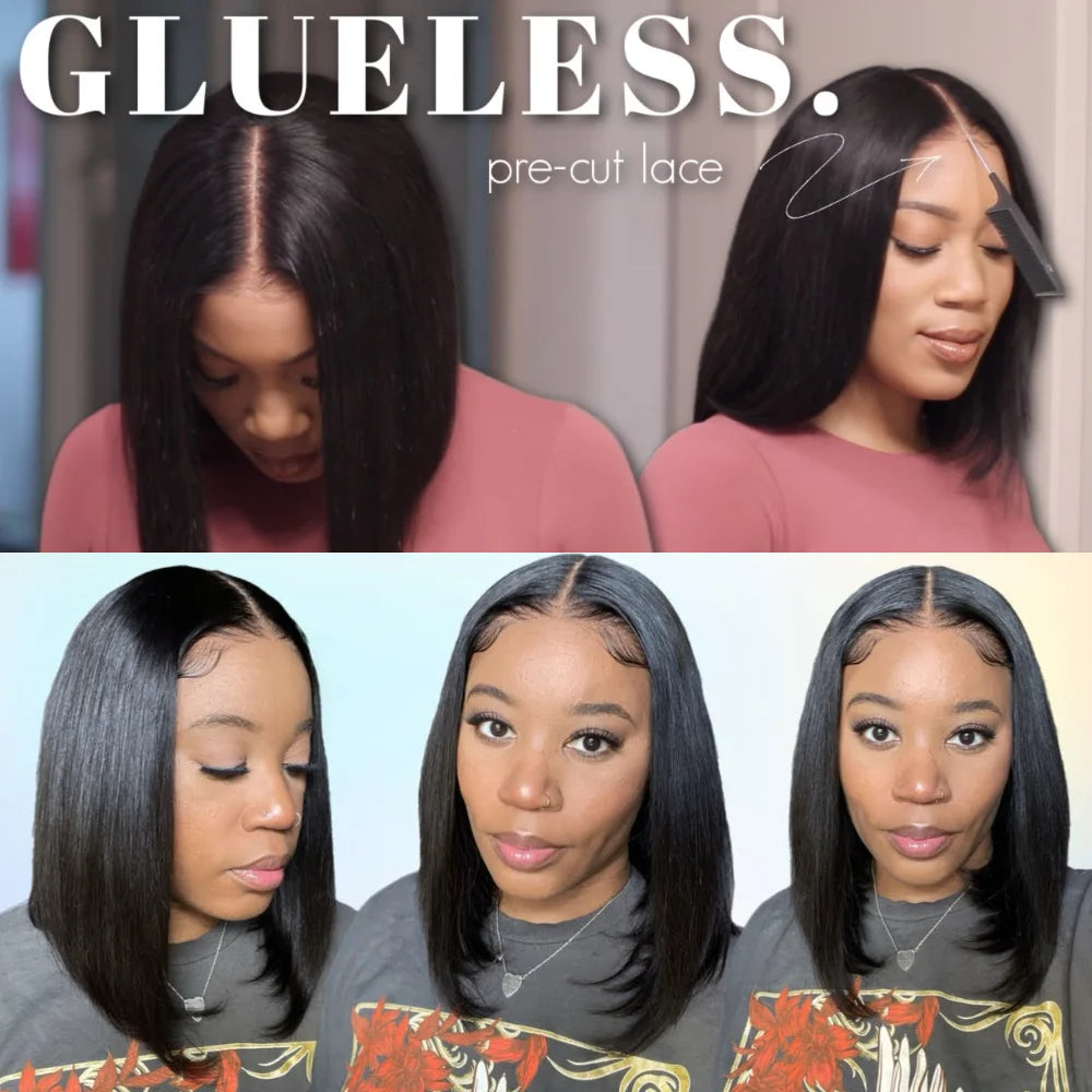 UNice 4x4 Lace Closure Bob Human Hair Wig With Side Swept Bangs & Bye Bye Knots 7x5 Lace Pre Cut Pre Bleached Glueless Wig
