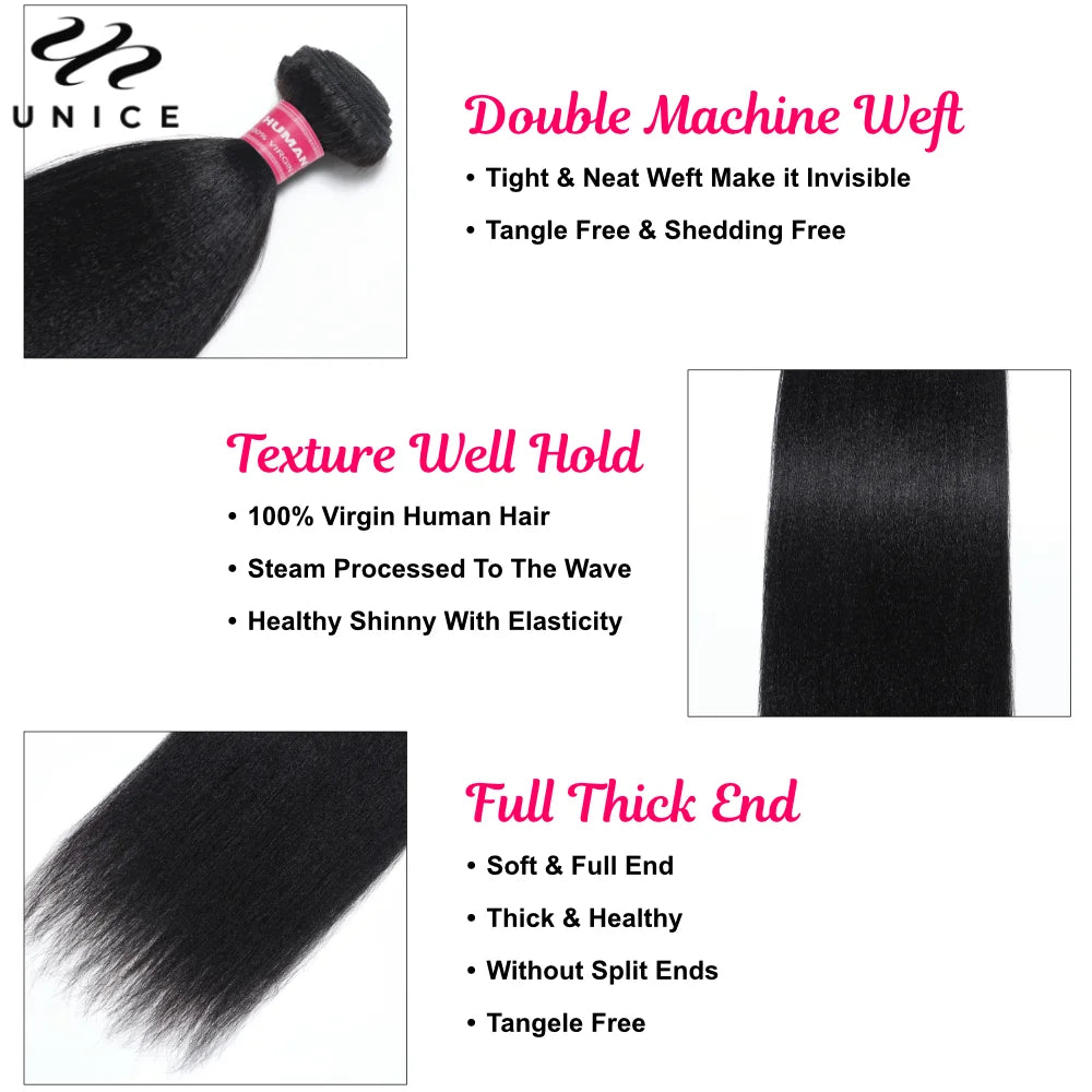 UNice Hair Yaki Straight Hair Bundles 4PCS Deal Natural Color 100% Human Hair Bundles Quick Weaves Sew In Human Hair Extensions