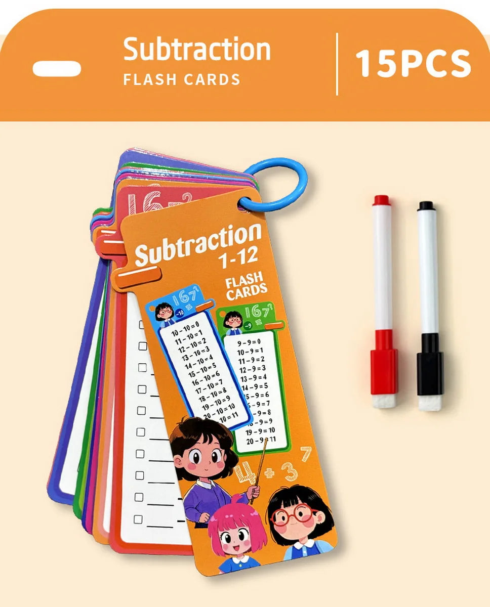1Set(15pcs) Math Addition Subtraction Multiplication Division Fraction Erasable Reusable Number Learning Cards Teaching Tools