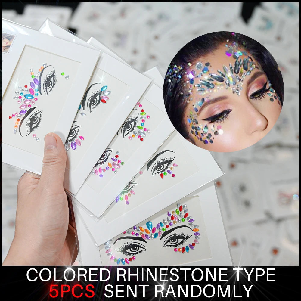 5Pcs 3D Random Face Diamond Tattoos Stickers Colorful Glitter Crystal Gem Sticker for Party Makeup Body Jewel Tattoo Decorations