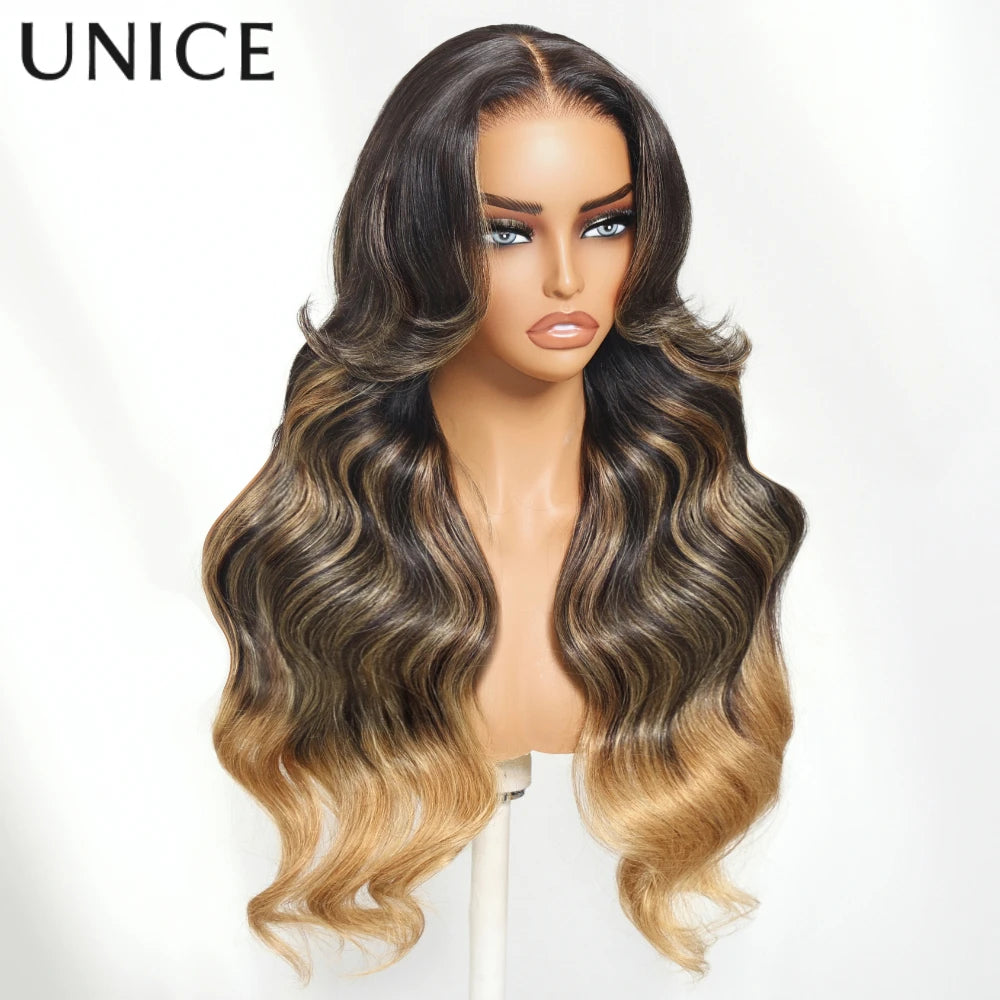 UNICE Blonde Highlights Loose Wave Wig With Face Framing Layers 7x5 Lace Pre Cut Pre Bleached Glueless Wig Human Hair ReadyToGo
