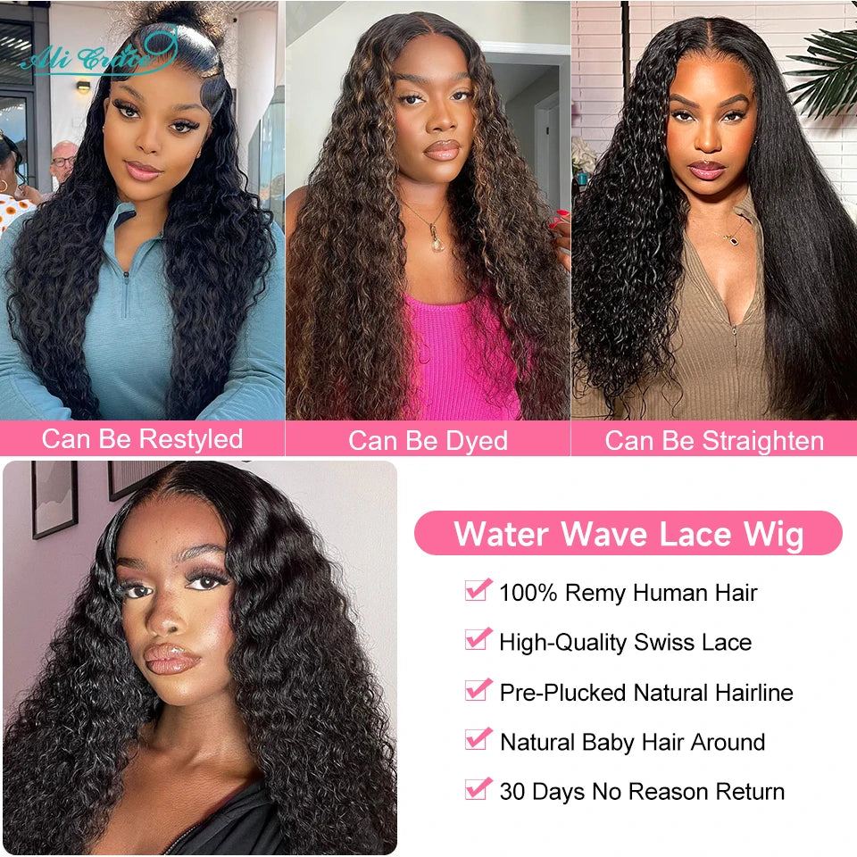 Ali Grace Glueless Wig Peruvian Water Wave 13x4 Lace Front Human Hair Wig Preplucked Water Deep Wave Lace Front Wigs For Women