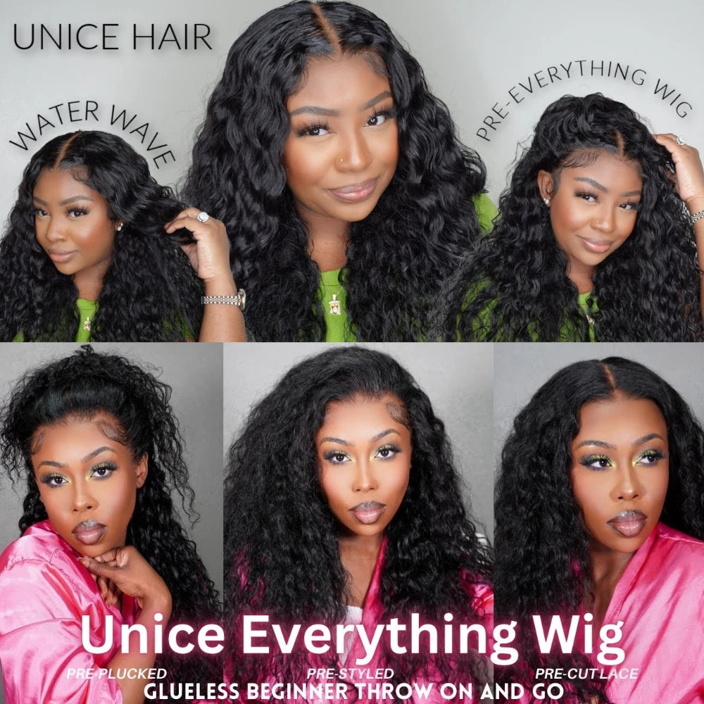 UNice Hair Water Wave 7x5 13x4 Lace Front Wig Human Hair Pre Cut Pre Bleached Wear Go Glueless Wig 150% Density