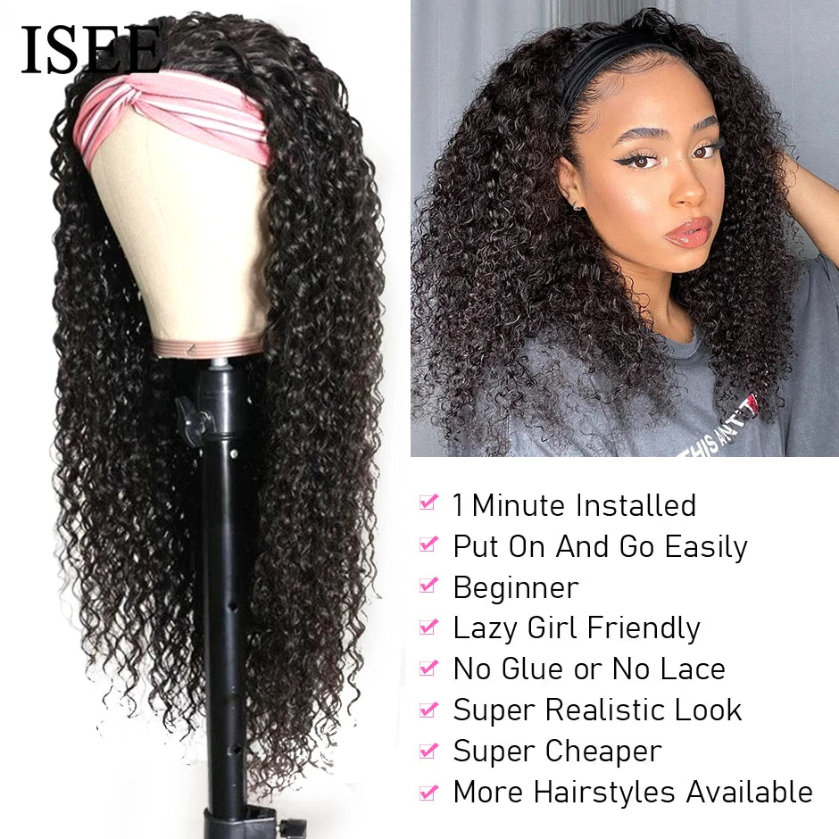 Kinky Curly Women's Headband Wig ISEE HAIR Scarf Wig Brazilian Human Hair Wig Sale Deep Curly Headband Wig Natural Hair No GLUE