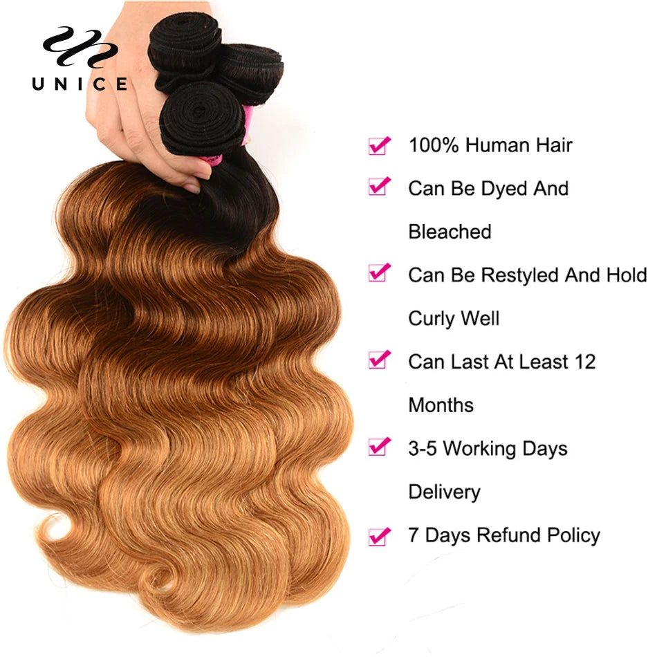 UNICE HAIR Ombre Hair Bundles Brazilian Body Wave 3 Bundles 100% Human Hair Weaves Remy Hair Extension 16-26inch Free Shipping