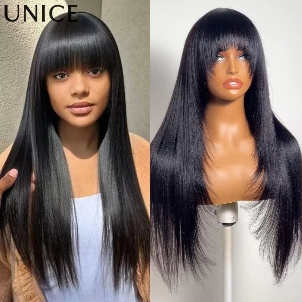 Unice Hair Layered Cut Yaki Straight Wig With Bangs 100% Human Hair Full Machine Made Wig 150% Density