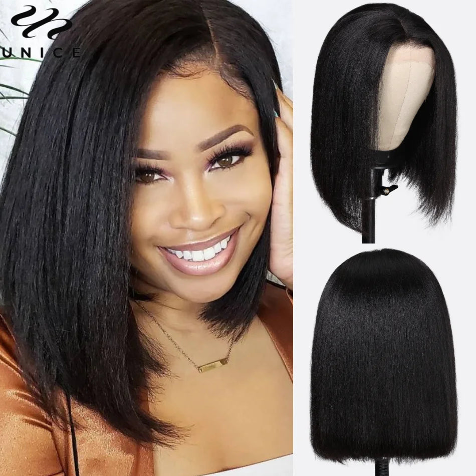 UNice Hair Yaki Straight Bob Wig Pre Everything 7x5 13x4 Lace Front Wig Human Hair Pre Bleached Pre Cut Wear Go Glueless Wigs
