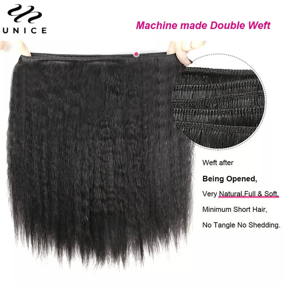 UNice Hair Kinky Straight Human Hair Bundles 3PCS Deal 100% Human Hair Natural Color Sew In Bundles Quick Weave