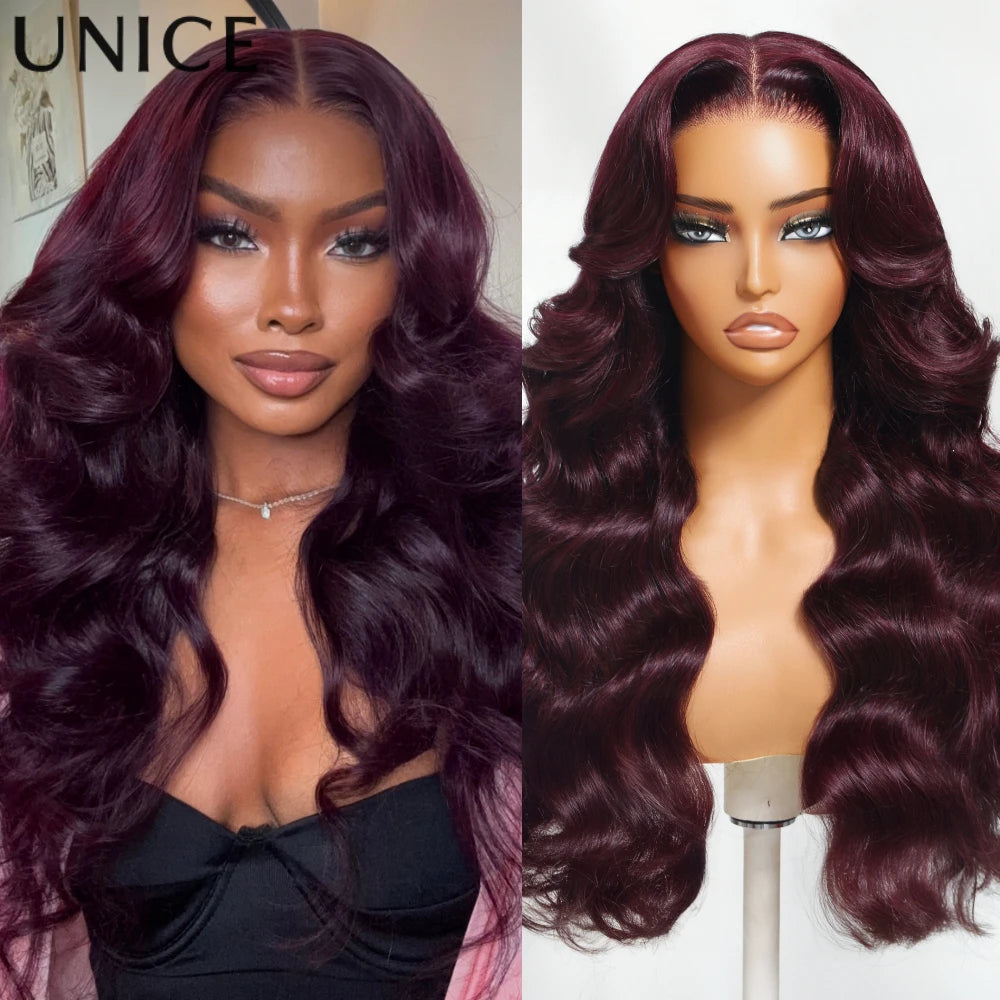 UNICE Black Cherry Loose Wave Curtain Bangs Wig With Invisi Drawstring 7x5 13x4 Pre Cut Pre Bleached Glueless Wig Human Hair