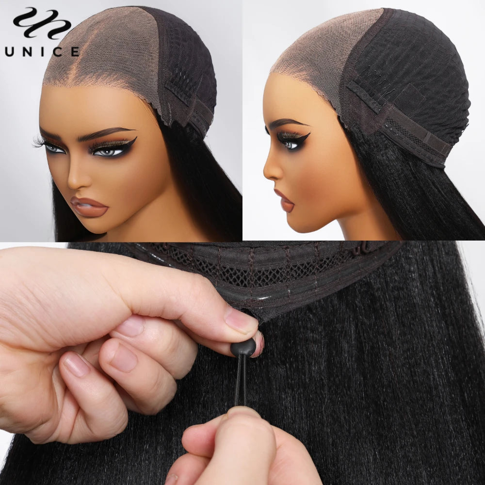 UNICE 7x5 Lace Chestnut Brown Ombre Yaki Straight Wig With Drawstring Pre Cut Pre Bleached Glueless Wig Human Hair Ready To Wear