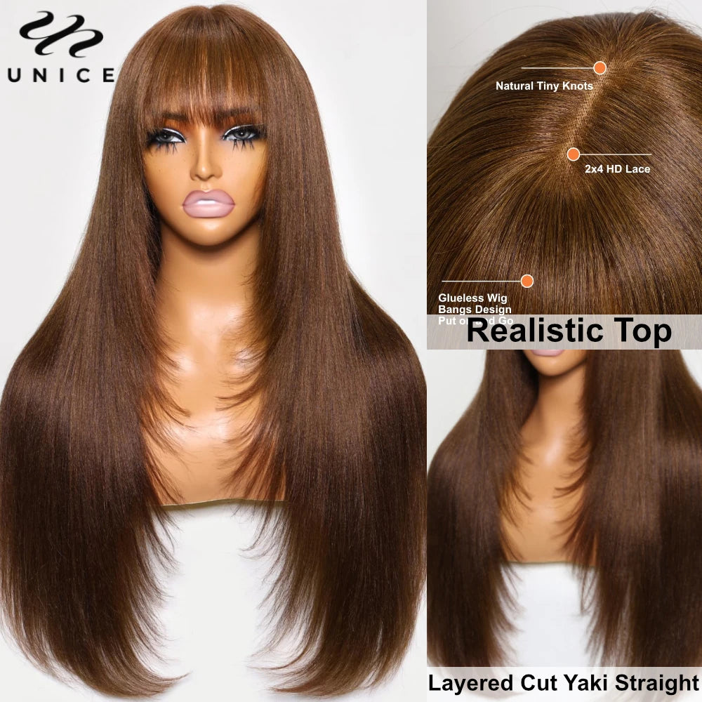 Unice Hair Yaki Straight #4 Brown Human Hair Wig With Bangs Layered Cut Middle Part 4x2 Lace Front Human Hair Wig 150% Density