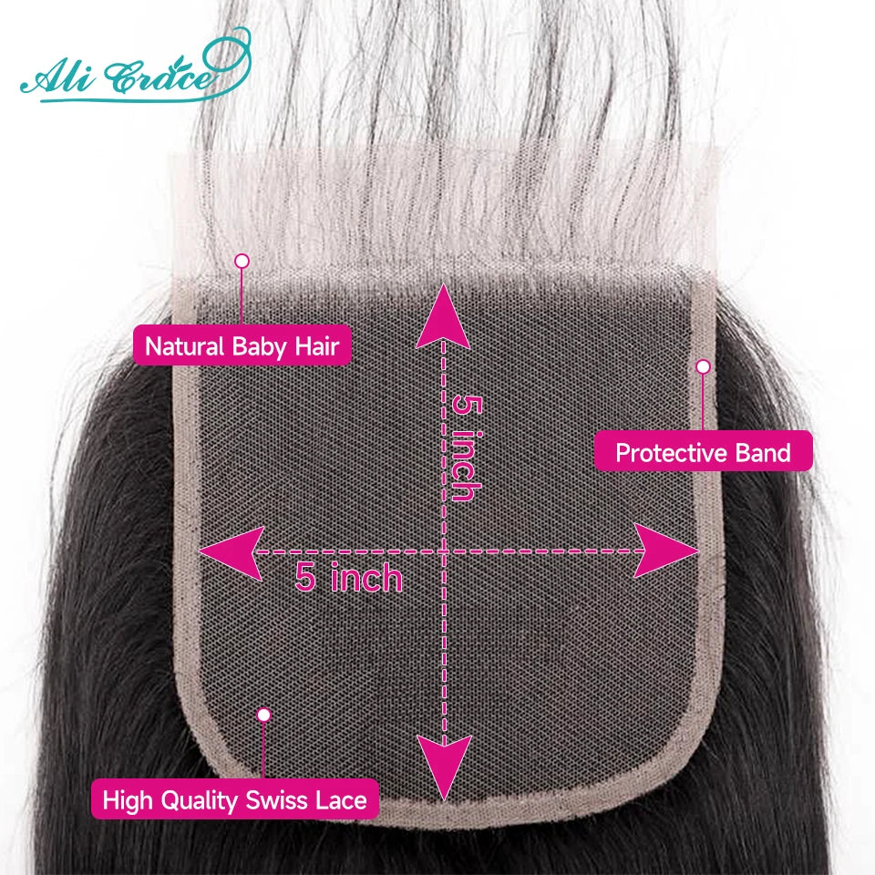 Ali Grace 5x5 Closure With Bundles Straight Hair 3 Bundle With Closure Brazilian Human Hair Weave Transparent Lace Closure 30 32