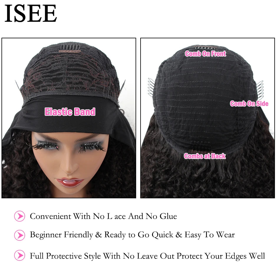 Kinky Curly Women's Headband Wig ISEE HAIR Scarf Wig Brazilian Human Hair Wig Sale Deep Curly Headband Wig Natural Hair No GLUE