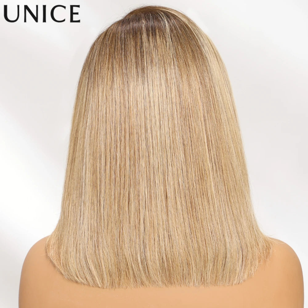 UNice Bye-Bye Knots 7x5 Lace Brown Piano Highlights Straight Bob Wig With Dark Roots Glueless Bob Wigs Human Hair Ready To Wear