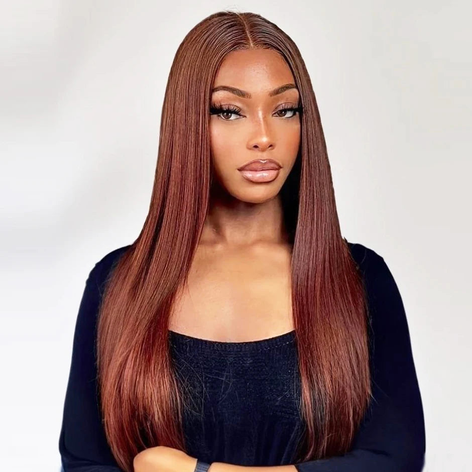 ISEE HAIR Reddish Brown #33 Color Glueless13x6 Straight Lace Frontal Wigs Pre Plucked Wigs Invisi Draw Strings Human Hair Wigs