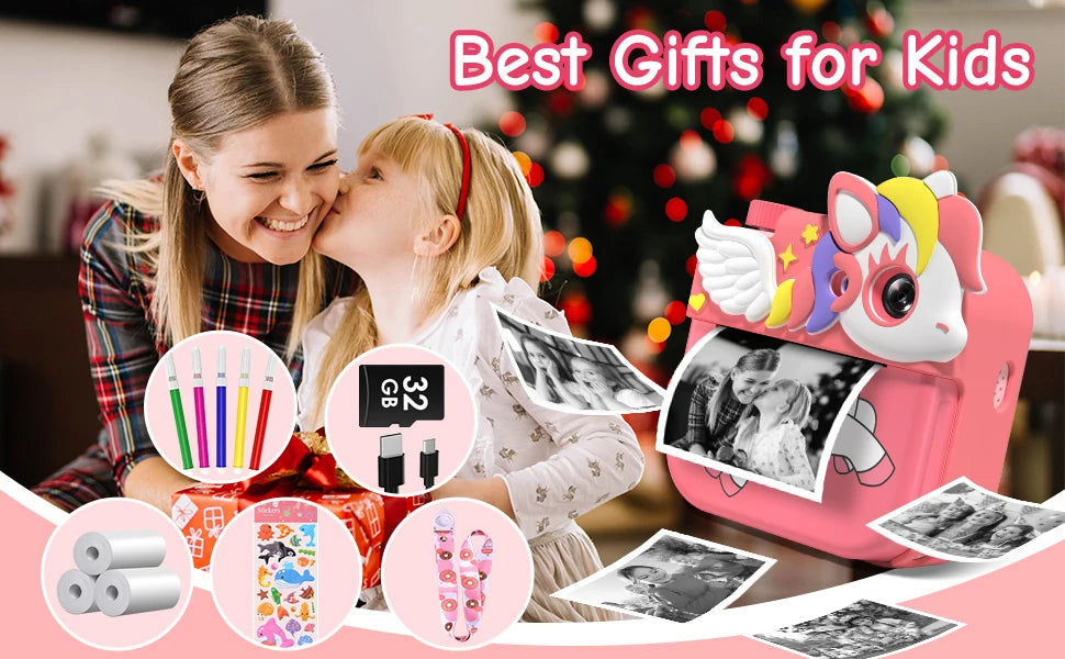 Kids Camera Instant Camera, 2.4" 12MP 1080P HD IPS Screen Printing Camera for Kids, Instant Camera with 32G Memory Card