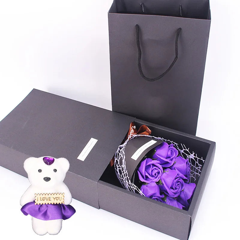 7 Heads Artificial Rose Bouquet Little Bear Gift Box Handmade False Flower Bouquet Mother's Day Birthday Party Gifts Home Decor