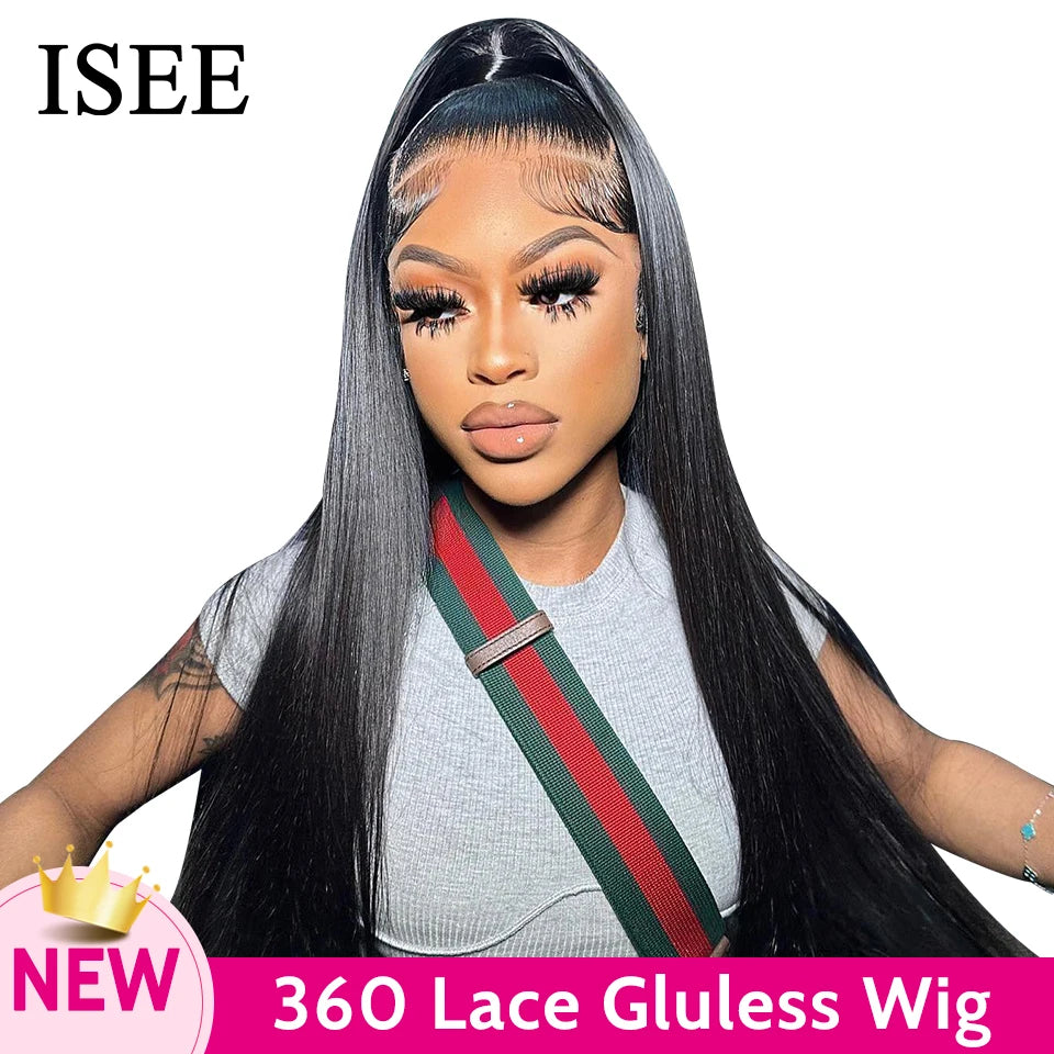 ISEE Hair 360 Glueless Wig Human Hair Ready To Wear Straight Glueless HD full Lace Front Wigs PreCut Preplucked Wear And Go Wigs