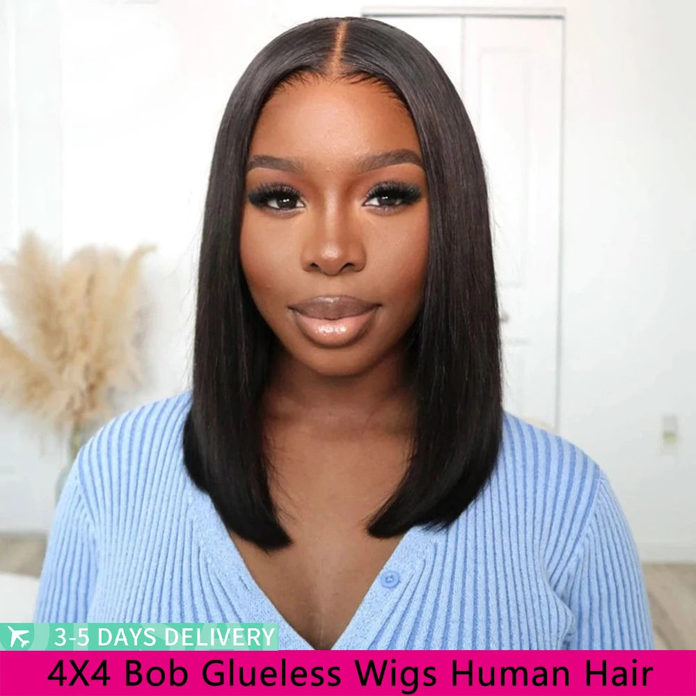 Premium Glueless Human Hair Wig 4x4 HD Lace Bob 12 Inch - Brazilian Straight Remy Hair