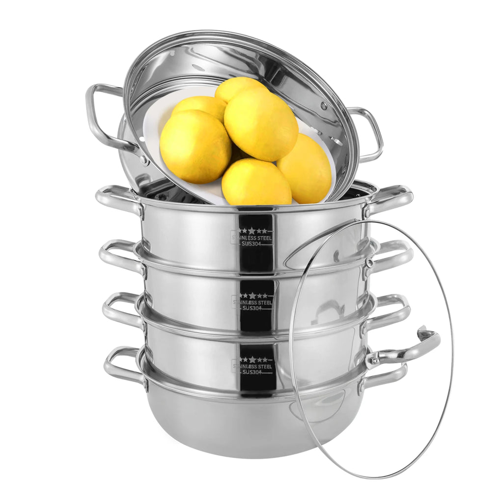 5 Tier  26/28/30/32cm Steame Cooker Steamer Pan Cook Food Veg Pot Stainless Steel Silver w/Glass Lid