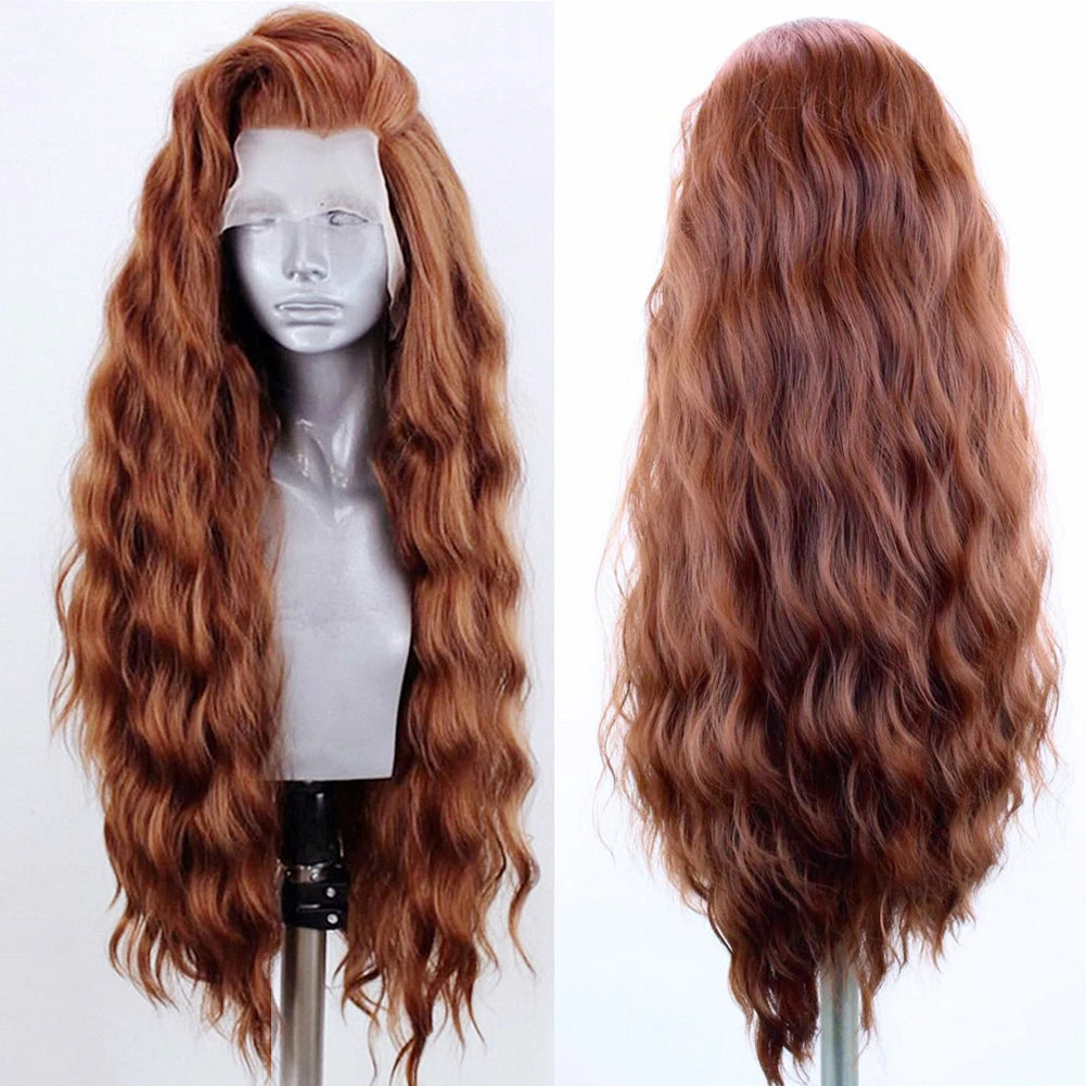 Premium Synthetic Lace Front Wig - Natural Wavy Brown Hair for Black Women | Pre-Plucked Swiss Lace