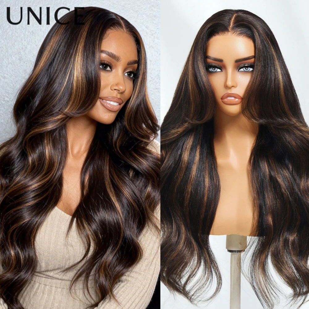 UNice 13x4 Pre-Everything™ Lace Frontal Brown Caramel Highlights Yaki Loose Wave Wig With Drawstring Glueless Wig 150% Density