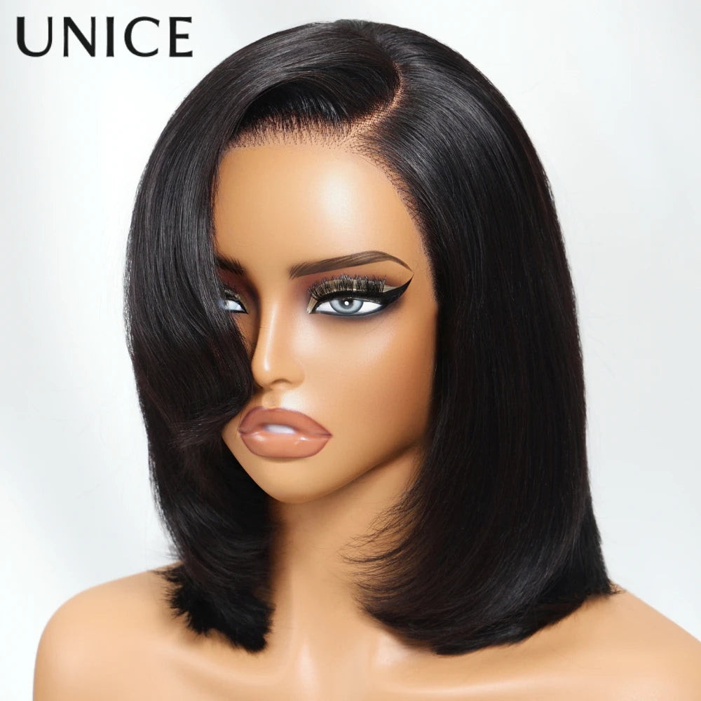 UNice Bye-Bye Knots™ 7x5 Lace Glueless Human Hair Wigs Side Part Layered Bob Wig With Side-Swept Bangs 150% Density