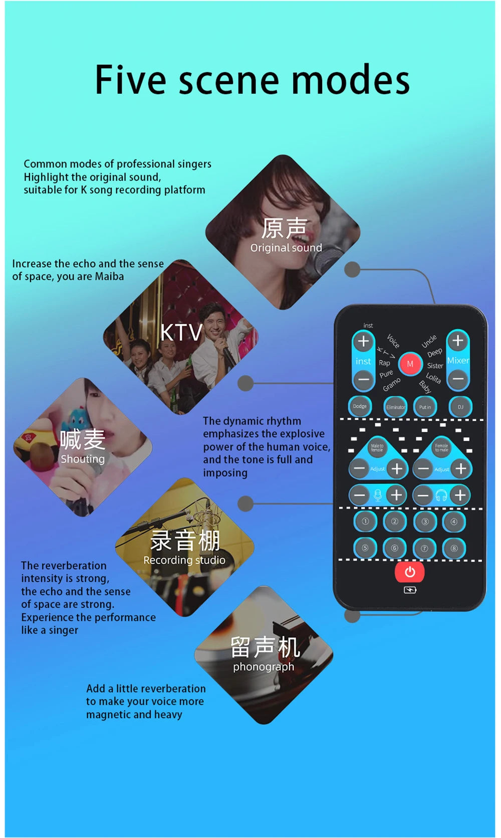 i9 Voice Changer Mini Multiple Audio Effect Bluetooth-Compatible Live Sound Cards Ultra-Thin Portable Live Sound Card Mic Tool