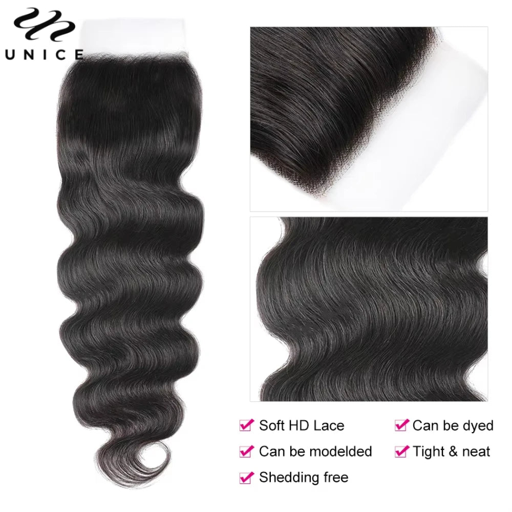 UNICE Hair Body Wave Human Hair Bundles 2/3/4 PCS With 13x4 Lace Frontal / 4X4 Lace Closure / 5x5 HD Lace Closure