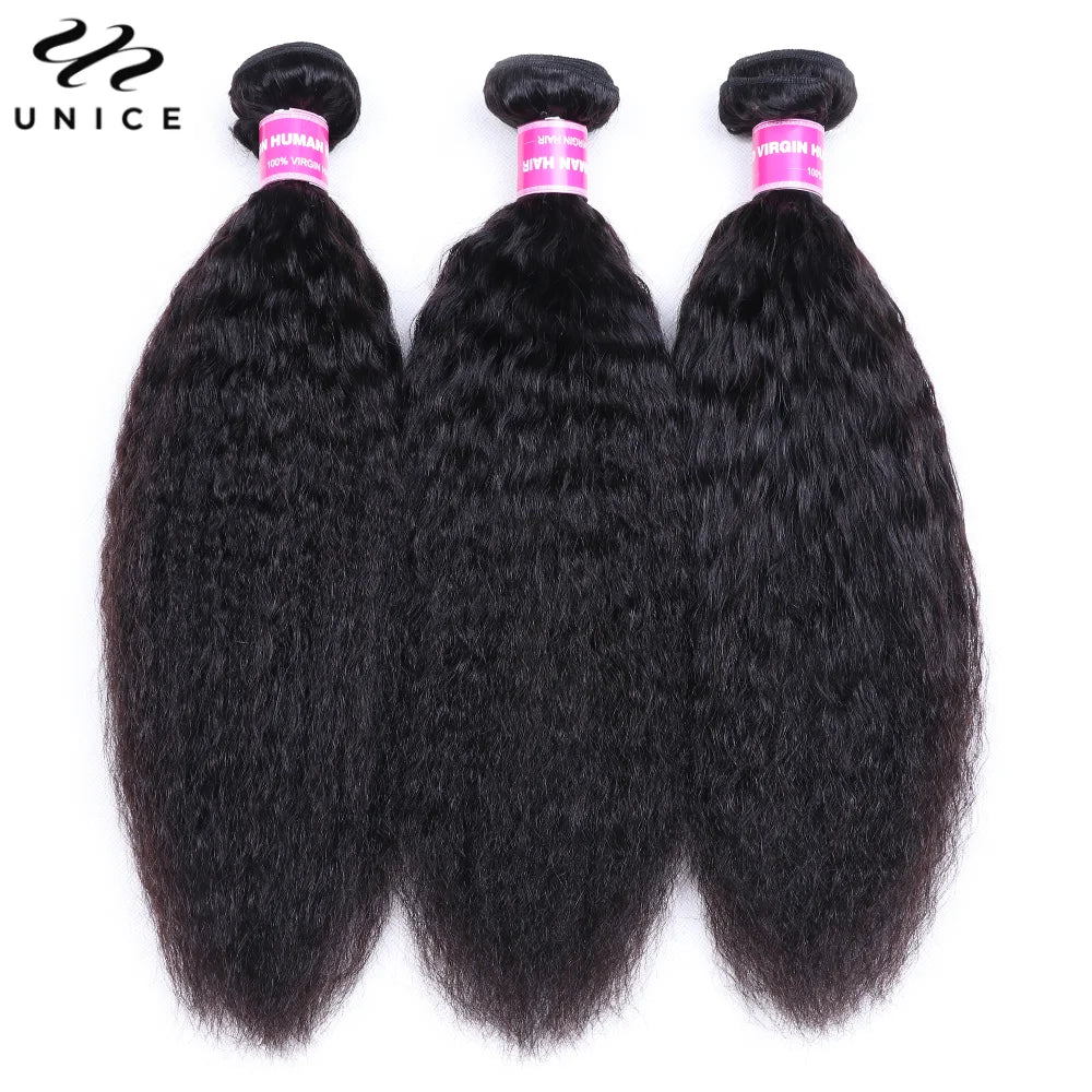 UNice Hair Kinky Straight Human Hair Bundles 3PCS Deal 100% Human Hair Natural Color Sew In Bundles Quick Weave