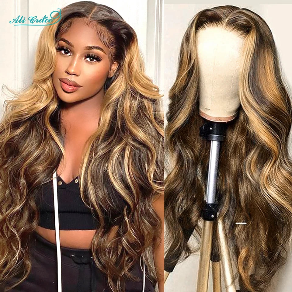 Ali Grace Body Wave Lace Front Human Hair Wigs Highlight Brown Body Wave 4x4 Lace Closure Wig 13x4 Lace Front Wigs for Women