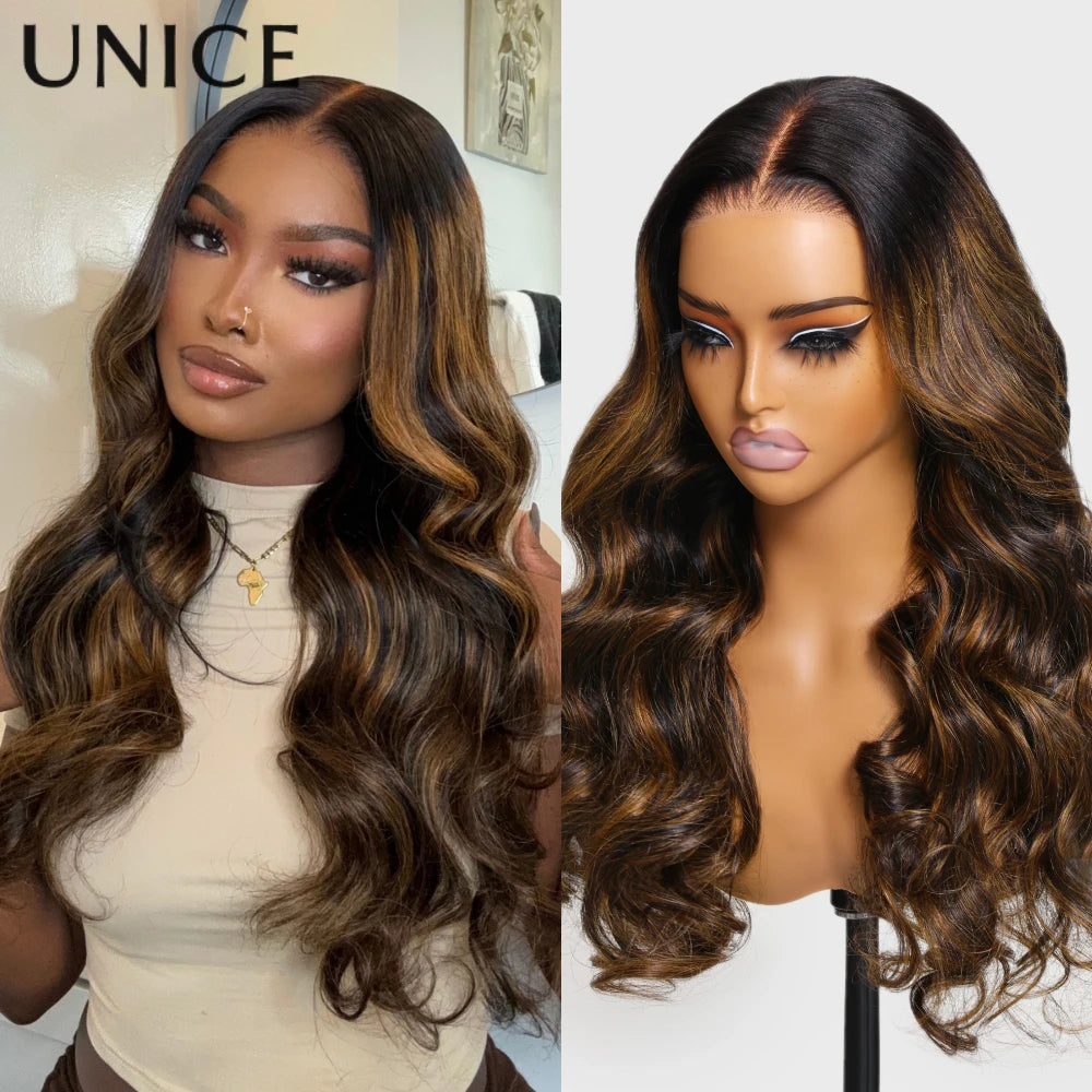 UNice Hair 7x5 Bye Bye Knots Balayage Highlight Body Wave Wig Pre Cut Pre Bleached Glueless Wig Human Hair 150% Density