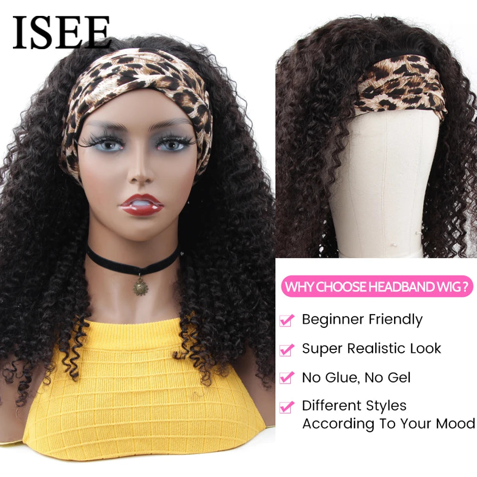 ISEE Hair Headband Wig Human Hair Kinky Curly Scarf Wigs For Women Brazilian Curly Wigs on Sale No Glue No Gel Full Machine Wigs