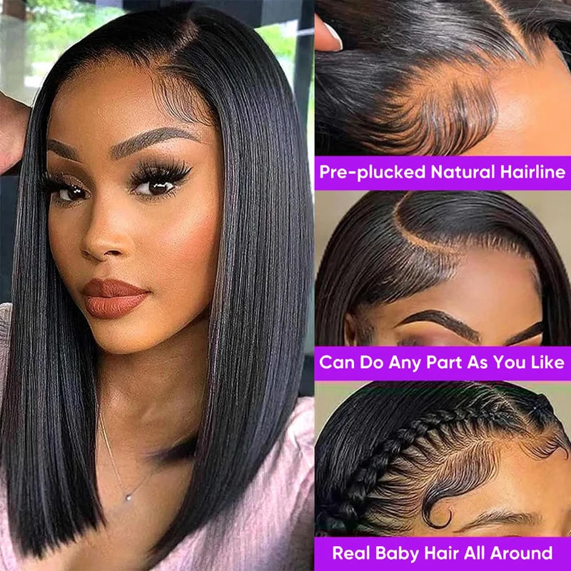 13x4 Lace Front Bob Wig Human Hair 200 Density Brazilian Virgin Straight Hair Wig Pre-Plucked Natural Black