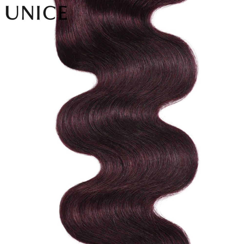 UNICE Hair Black Cherry Body Wave Human Hair 2/3/4 Bundles With 4x4 Lace Closure