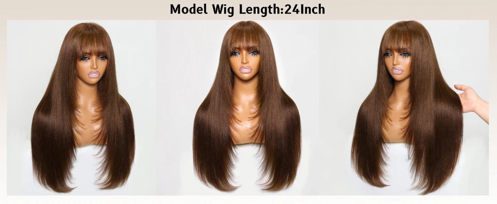 Unice Hair Yaki Straight #4 Brown Human Hair Wig With Bangs Layered Cut Middle Part 4x2 Lace Front Human Hair Wig 150% Density