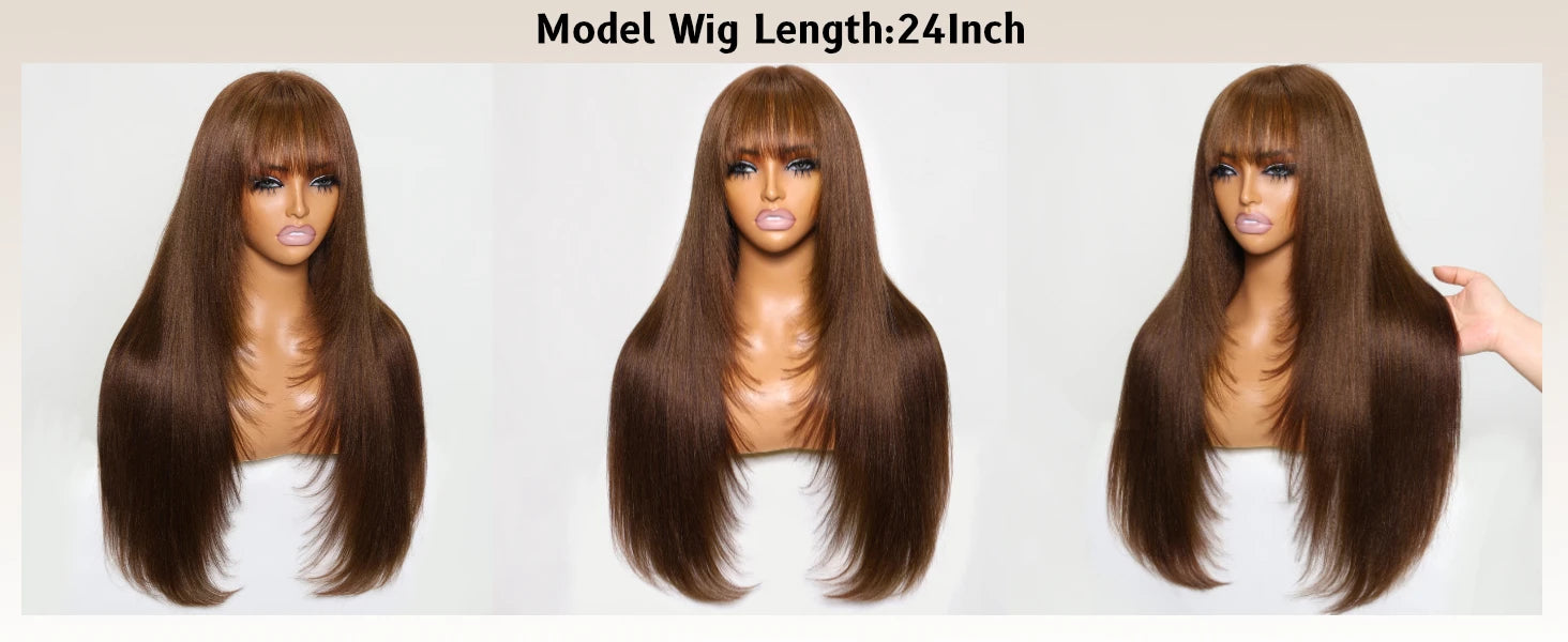 Unice Hair Yaki Straight #4 Brown Human Hair Wig With Bangs Layered Cut Middle Part 4x2 Lace Front Human Hair Wig 150% Density