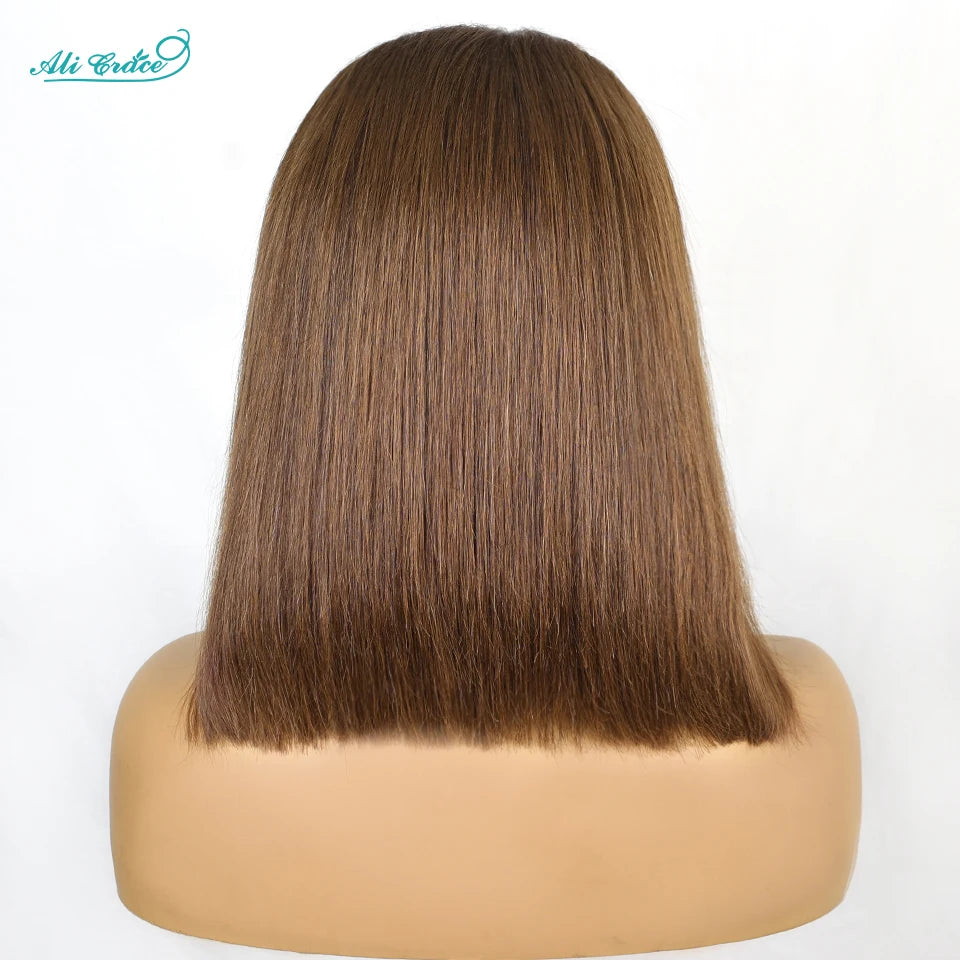 Ali Grace Hair Bone Straight Bob Wig Chocolate Brown Lace Front Human Hair Wigs PrePlucked Short Bob Wig HD Transparent Lace Wig