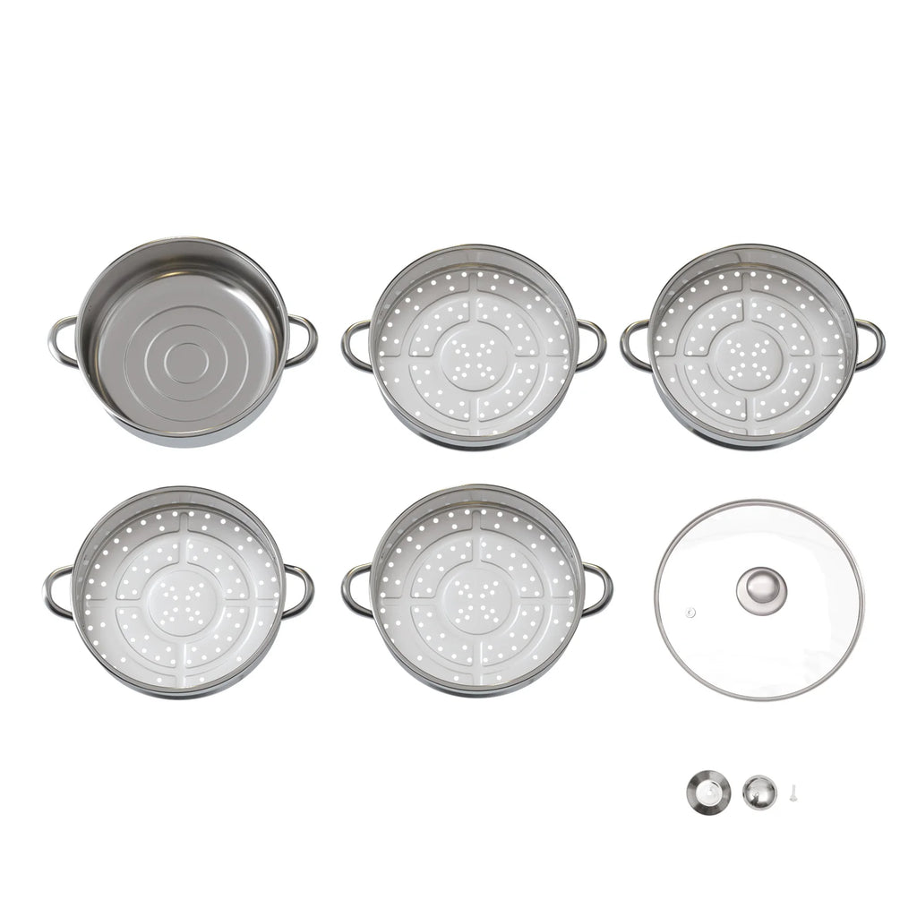 5 Tier  26/28/30/32cm Steame Cooker Steamer Pan Cook Food Veg Pot Stainless Steel Silver w/Glass Lid