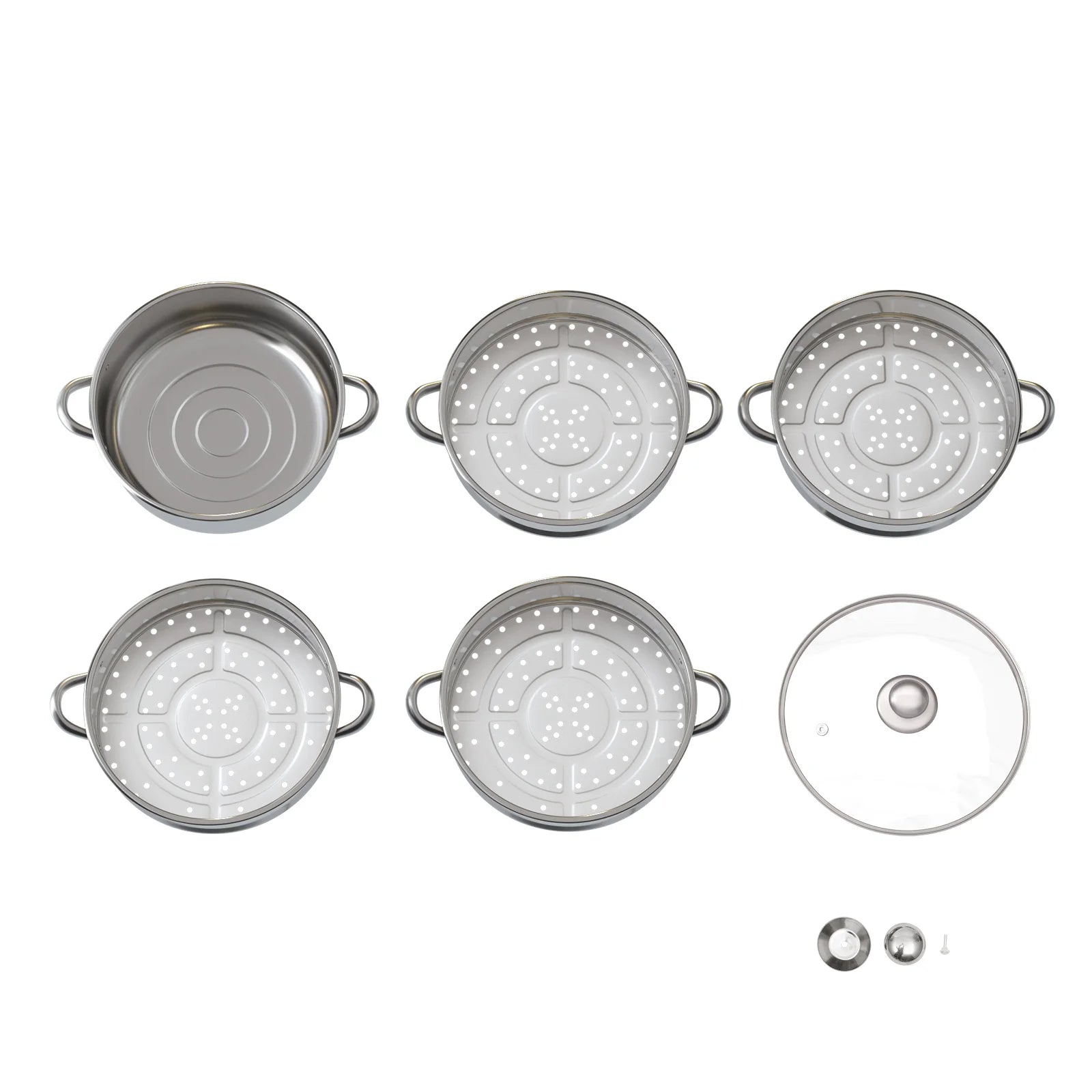 5 Tier  26/28/30/32cm Steame Cooker Steamer Pan Cook Food Veg Pot Stainless Steel Silver w/Glass Lid