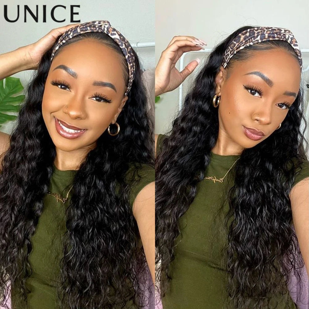 Unice Hair Upgrade Drawstring Mesh Lace Water Wave Headband Wigs Human Hair No Glue No Lace Fit For All Head Sizes