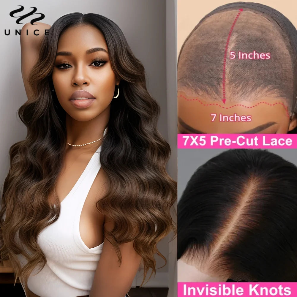 UNice Hair Pre Everything 7x5 Lace Wear Go Glueless Wig Ombre Brown Loose Wave Human Hair Wig Pre Cut Pre Bleached Lace Wig