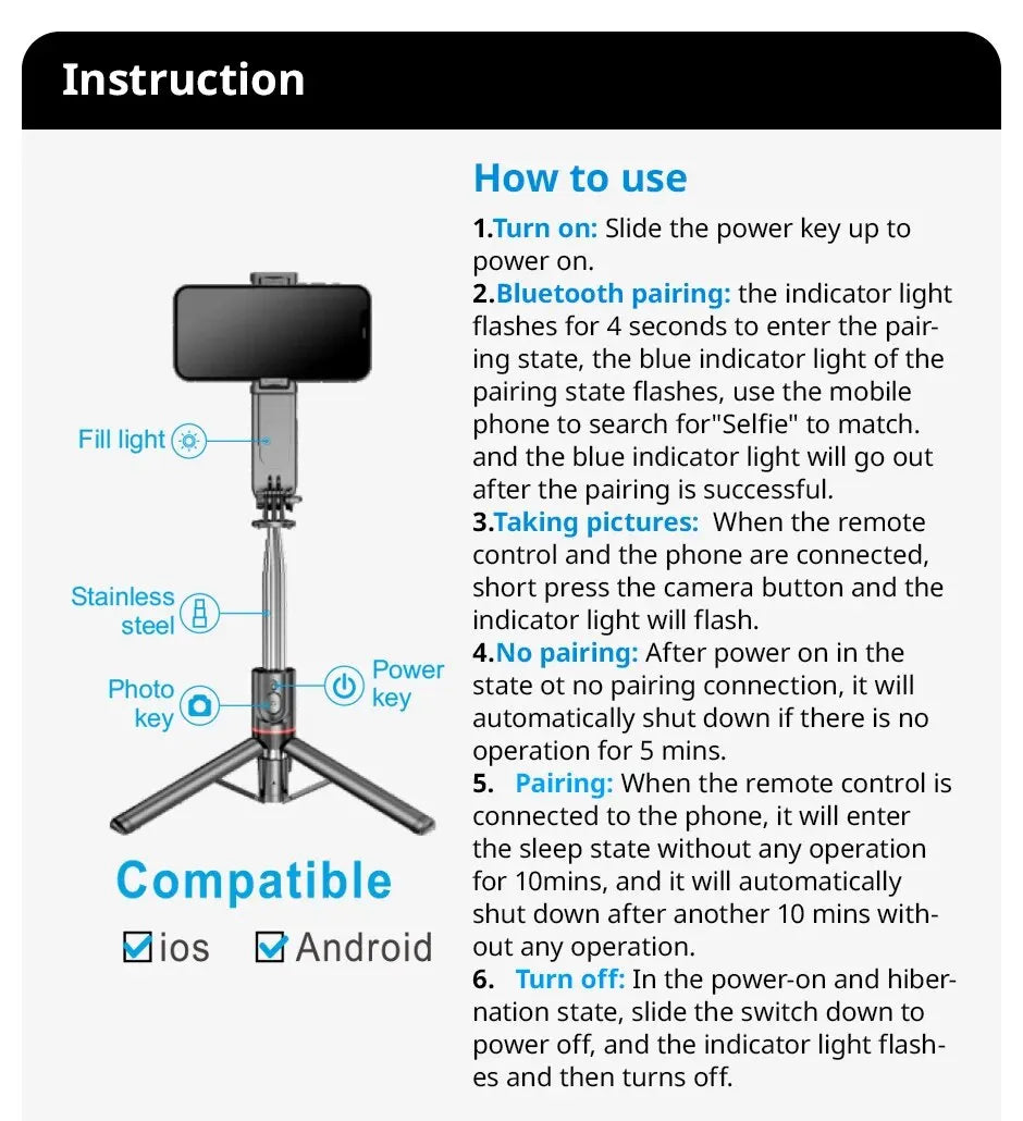 Wireless Bluetooth Selfie Stick Foldable Portable Tripods with Fill Light Shutter Remote Control For Smartphone Video Recording