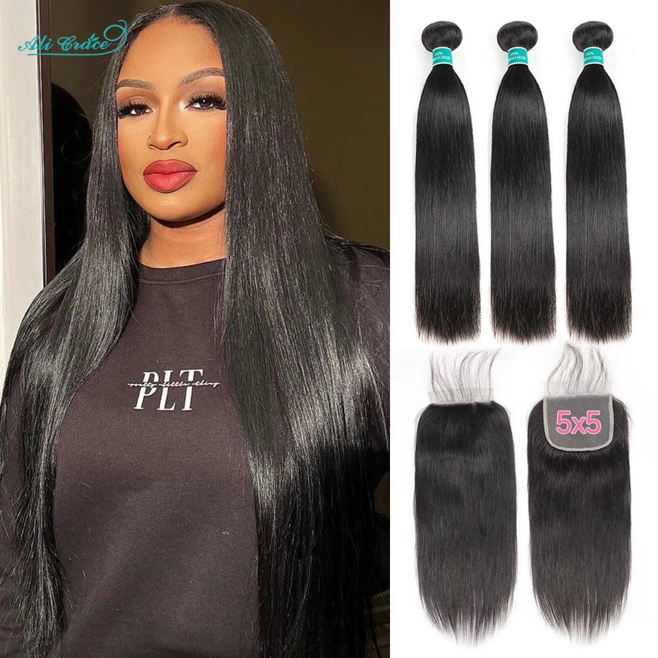 Ali Grace 5x5 Closure With Bundles Straight Hair 3 Bundle With Closure Brazilian Human Hair Weave Transparent Lace Closure 30 32