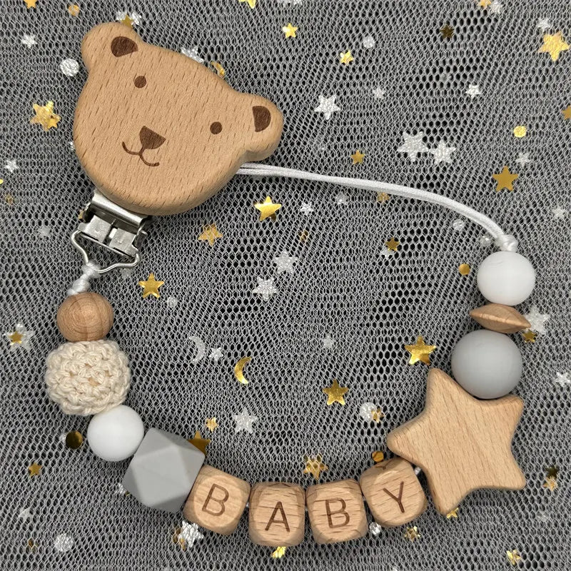 NEW Custom Name Wooden Personalized Baby Pacifier Chain Beech Bead Dummy Nipple Holder Guard Teether Pendant Newborn Mother Gift
