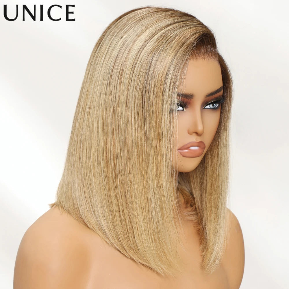 UNice Bye-Bye Knots 7x5 Lace Brown Piano Highlights Straight Bob Wig With Dark Roots Glueless Bob Wigs Human Hair Ready To Wear