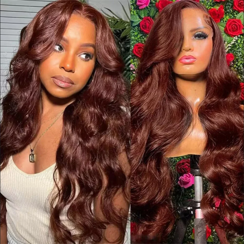 13x4 Auburn Brown Colored Human Hair Lace Front Wigs Wavy HD Lace Frontal Wigs Body Wave Reddish Brown Fall Color Human Hair Wig
